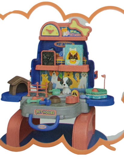 صورة مجموعة لعب على شكل حقيبة مدرسية قابلة للتحويل إلى "بيت حيوانات أليفة" أو مركز رعاية للحيوانات الأليفة